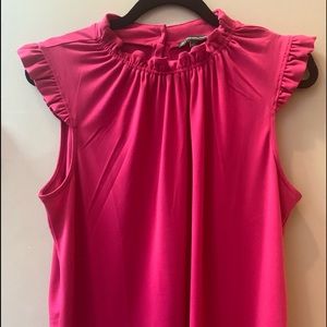NWOT Large Adrianna Papell Hot pink flutter cap sleeve top with ruffled neck.
